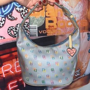 Sold* Y2K Baby Blue Dooney and Bourke Leather Shoulder Bag with Pink Heart Charm
